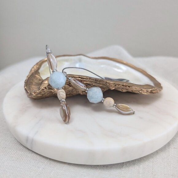 Coastal Aquamarine, Jasper and Shell Steel Hook Drop Earrings - Picture 5 of 8